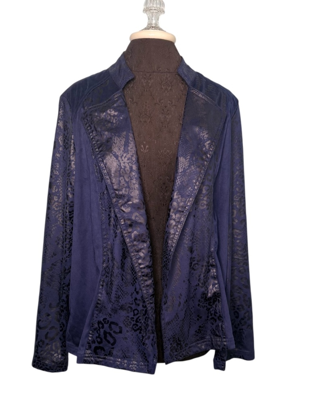 Chico's Navy Blue Animal Print Faux Suede Jacket Blazer